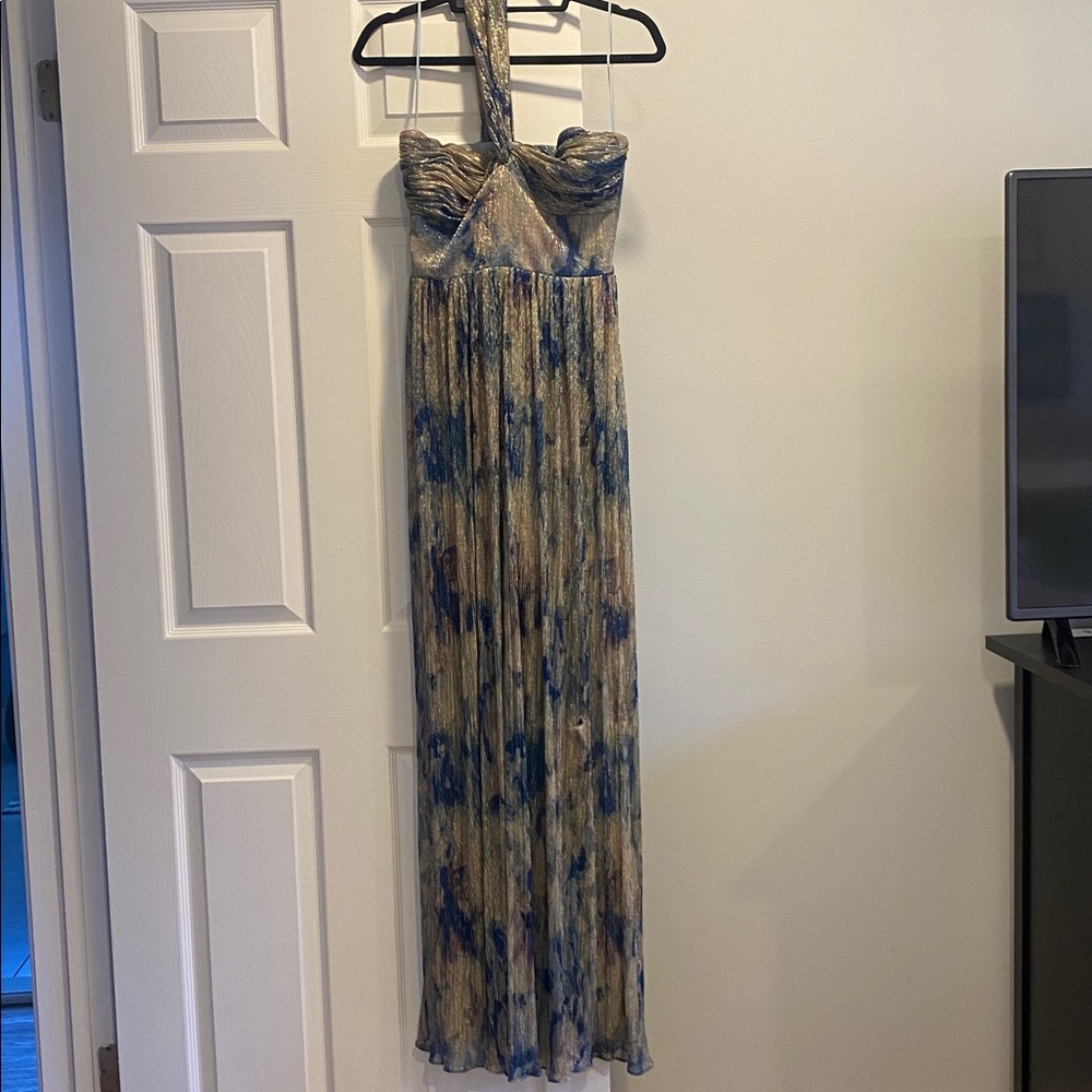 Dress the Population Metalllic Abstract Floral Print One-Shoulder Gown
